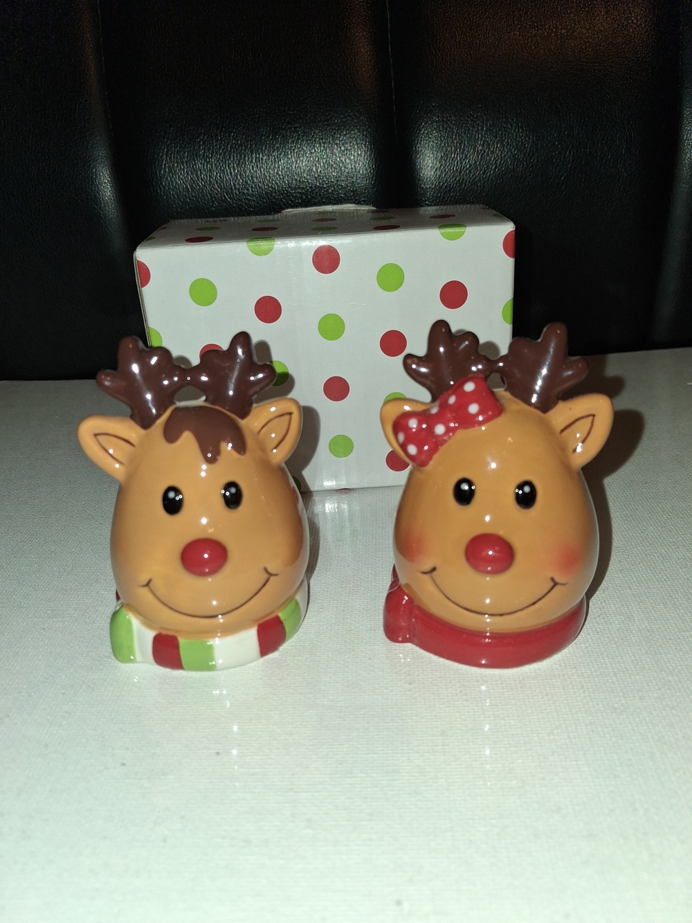 Holiday Reindeer Ceramic Salt & Pepper Shakers - Red, Green